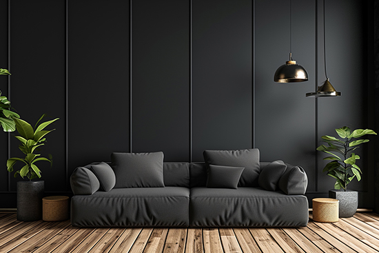 Minimalist black interior with modern pendant lights
